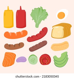 ingredients for tasty sandwich and hot dog