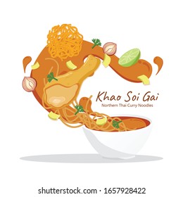 Ingredients Thai food Khao Soi Gai Fly on bowl vector design. Ingredients  Khao Soi Gai.