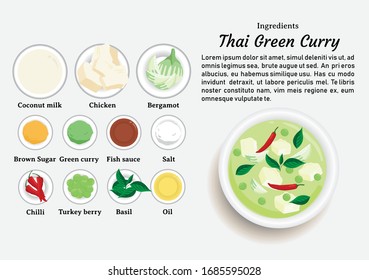 Ingredientes del diseño vector de curry verde tailandés. Una de las comidas más populares en Tailandia.