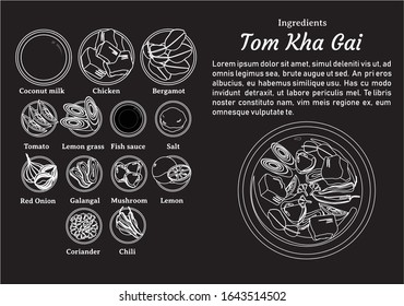 Ingredients of Tom Kha Gai on black chalkboard background vector design. One of The Most Popular Food in Thailand.