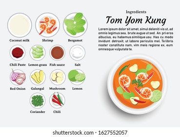 Ingredients of Tom Yum Kung vector design. One of The Most Popular Food in Thailand.