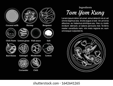 Ingredients of Tom Yum Kung vector design. One of The Most Popular Food in Thailand.