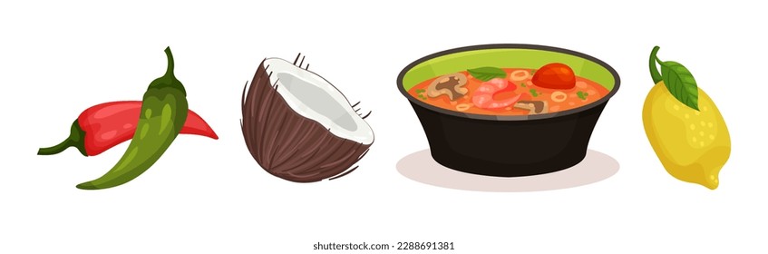 Ingredients for Tom Yum or Tom Yam Thai Soup Cooking Vector Set