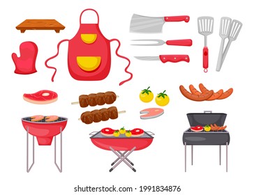 Ingredients and tools for barbecue vector illustrations set. Fish, meat and vegetables on grill grid, steak, skewers, kebab, spatula, apron isolated on white background. Food, picnic, barbeque concept