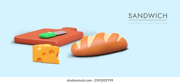 Ingredients and tools for making sandwich. Concept of simple daily meals. Cutting board, knife, bread, cheese. Eco food. Vector color poster for web design