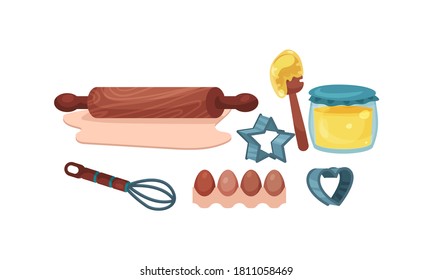 Ingredients and Utensil for Baking with Eggs, Rolling Pin and Honey Vector Set