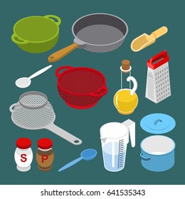 Ingredients and utensils set isometry. Grater and colander. Pan and saucepan. Cheese and chicken. Bacon and mushrooms. Set for cooking
