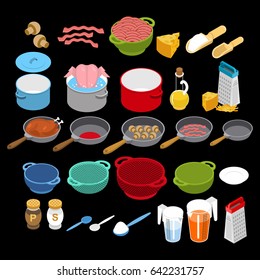 Ingredients and utensils set isometry. Grater and colander. Pan and saucepan. Cheese and chicken. Bacon and mushrooms. Set for cooking