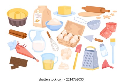 Zutaten, Utensilien und Werkzeuge zum Backen von Vektorgrafik. Cartoon-Kollektion für die Küche zum Kochen von Bäckereirezepten, Zucker und Mehl in Taschen, Butter und Eier zum Kuchen auf Dessert