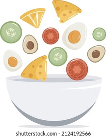 Ingredients for vegetable salad fall into a bowl, motivation for proper nutrition
