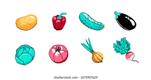 Ingredients for vegetables for cooking and kitchen drawn in doodle style. Set of vegetarian, farm products. Harvesting.