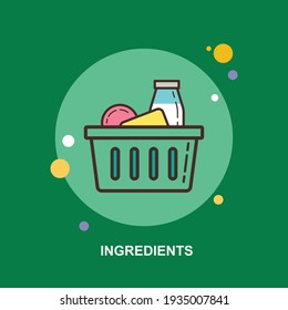 ingredients in vegetables milk fruits in basket on green background flat concept design