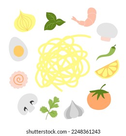 Ingredients for Wok pan. vector doodle flat asian wok symbols set. Asian food. Vegetables with seafood for menu design.