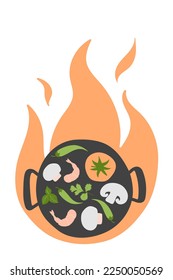 Ingredients for Wok pan. vector doodle flat asian wok symbols set. Asian food. Vegetables with seafood for menu design.