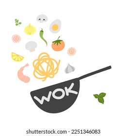 Ingredients for Wok pan. vector doodle flat asian wok symbols set. Asian food. Flying vegetables with seafood for menu design.