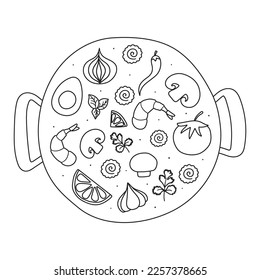 Ingredients for Wok pan. vector doodle flat asian wok symbols set. Asian food. Vegetables with seafood for menu design.