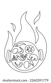 Ingredients for Wok pan. vector doodle flat asian wok symbols set. Asian food. Vegetables with seafood for menu design.