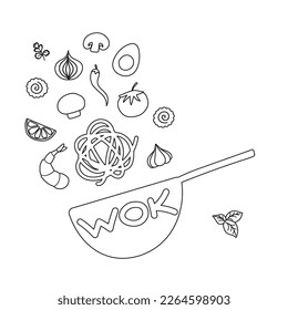 Ingredients for Wok pan. vector doodle flat asian wok symbols set. Asian food. Flying vegetables with seafood for menu design.