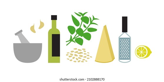 Ingridients and tools for making basil pesto sauce. Horizontal flat vector illustration isolated on white.
