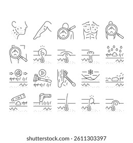 Ingrown Hair Problem Treatment Icons Set Vector. Ingrown Hair Shaving And Depilation With Laser Electronic Device, Researching And Treat With Healthy Cream Or Epilation Black Contour Illustrations