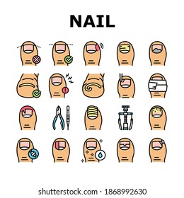 Ingrown Nail Disease Collection Icons Set Vector. Psoriasis And Onychomycosis, Nail Dark Spots And Surgical Intervention Medical Therapy Concept Linear Pictograms. Contour Illustrations