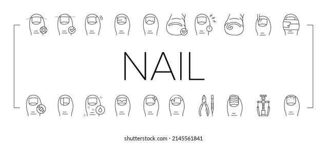 Ingrown Nail Disease Collection Icons Set Vector. Psoriasis And Onychomycosis, Nail Dark Spots And Surgical Intervention Medical Therapy Black Contour Illustrations