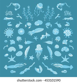 The inhabitants of the deep sea. This illustration is a pattern, a set of different creatures and plants that inhabit the depths of the seas.