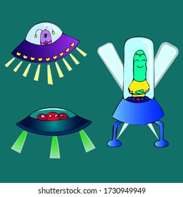 Inhabitants of galaxies, funny aliens with their flying saucers, UFOs, cute characters on a dark background. Colorful stickers, cartoon creations, comics. Vector illustration, isolated.