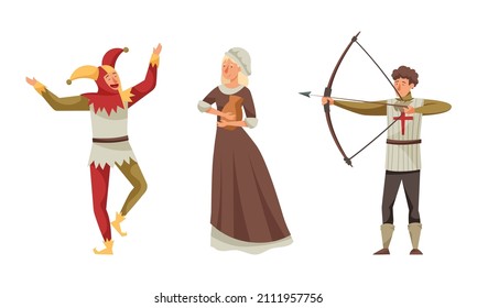 Inhabitants of the medieval city set. Jester, peasant, archer characters vector illustration