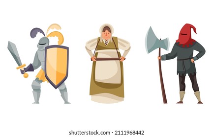 Inhabitants of the medieval city set. Knight, merchant, executioner characters vector illustration