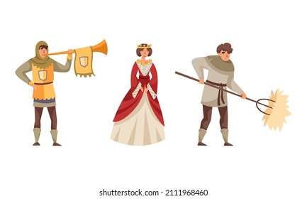 Inhabitants of the medieval city set. Queen, herald, stableman characters vector illustration