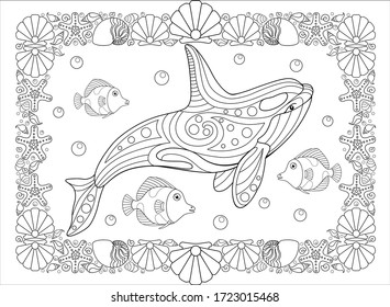 Inhabitants of the ocean - horizontal vector zentangle coloring antistress with a frame of shells and starfish. Killer whale and small fish for a coloring book. Horizontal page for coloring. Outline.