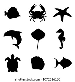 Inhabitants of the ocean. Marine life icons set. Sea life set of silhouettes. Vector illustration.