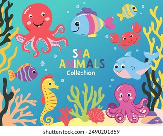 Inhabitants of the sea, cute, funny underwater crabs, octopus, seahorse. Fish and wild marine animals. Underwater scene with sea life. Flat cartoon illustration. 