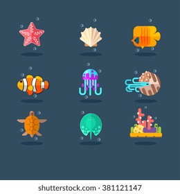 Inhabitants of Sea and Ocean. Flat Vector Illustration Collection.