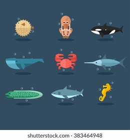 Inhabitants of Sea and Ocean. Vector Illustration Collection.