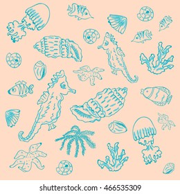 The inhabitants of the sea shells fish sea horse