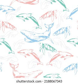 Inhabitants of the sea world, cute, funny underwater creatures dolphin, shark, ocean crabs, sea turtle, shrimp. Sea life pattern for fabric, textile.