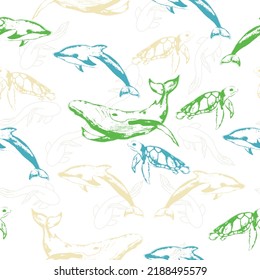 Inhabitants of the sea world, cute, funny underwater creatures dolphin, shark, ocean crabs, sea turtle, shrimp.  Vector Illustration.