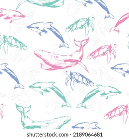 Inhabitants of the sea world, cute, funny underwater creatures dolphin, shark, ocean crabs, sea turtle, shrimp.  Cute marine underwater fauna with narwhal, whale and dolphin. 