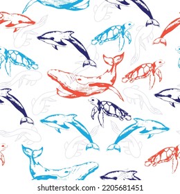 Inhabitants of the sea world, cute, funny underwater creatures dolphin, shark, ocean crabs, sea turtle, shrimp. Sea life pattern for fabric, textile.