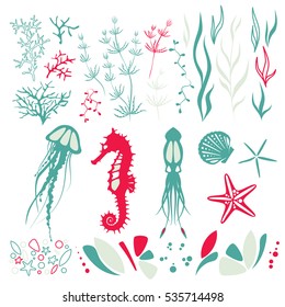 The inhabitants of the seabed elements, animals: jellyfish, seahorse, squid and plants. Modern design and cute color, sea aquarium, simple vector shapes, silhouette.