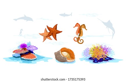 Inhabitants of seabed multicolor coral reefs, starfishes, seahorses, veined rapa whelk, mollusks, invertebrates, fishes silhouettes. Underwater demersal fauna. Vector set isolated on white background