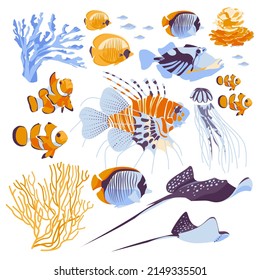 Inhabitants of the underwater marine world, elements of flora and fauna. Stingrays, clown fish, lionfish, coral fish, jellyfish corals. Flat vector illustration.