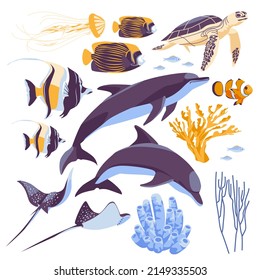 Inhabitants of the underwater marine world, elements of flora and fauna. Dolphin, sea turtle, coral fish, jellyfish, corals. flat vector illustration.