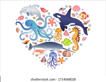 The inhabitants of the underwater world - fish, mammals, mollusks located in the shape of a heart - vector print. The heart of the ocean - a picture on the theme of ecology 