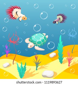 Inhabitants of underwater world isometric background with sand seabed exotic turtle and birds cartoon vector illustration