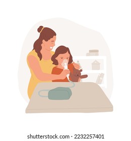 Inhalation isolated cartoon vector illustration. Family health, inhalation procedure, mom helping toddler to use vapor steam inhaler, home cough treatment, respiratory disease vector cartoon.