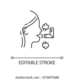 Inhalation linear icon. Respiratory treatment. Asthma help. Sick girl with sprayer. Healthcare. Common cold. Thin line illustration. Contour symbol. Vector isolated outline drawing. Editable stroke