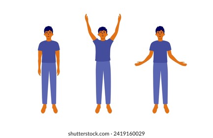 Inhale exhale vector illustration. Man raising hands up taking breath, arms down. Male person doing posture exercise, neck relaxation. Relax morning workout. Self body care, healthy sport lifestyle 